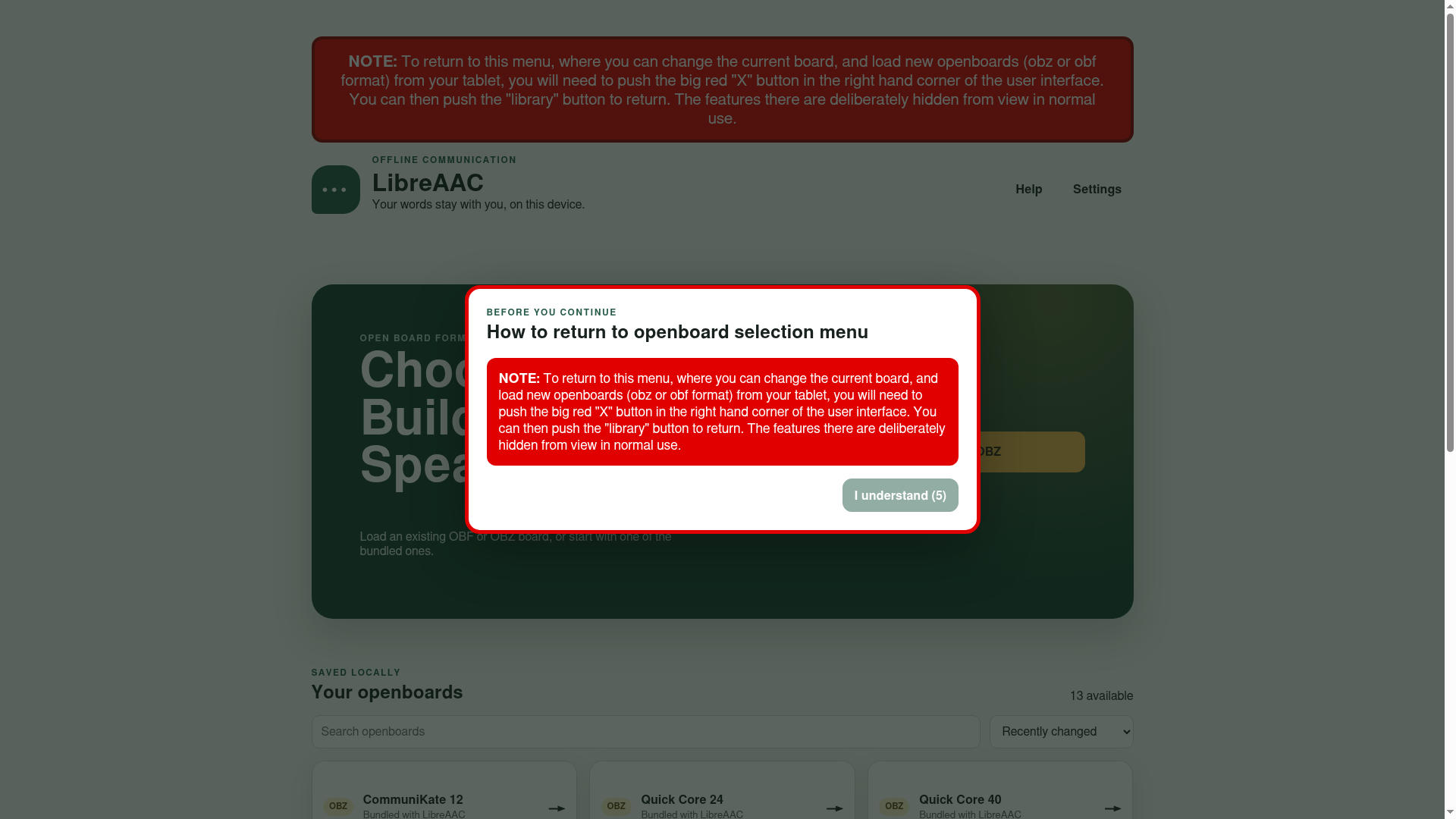 LibreAAC first-use dialog explaining how to return to the communication board selection menu