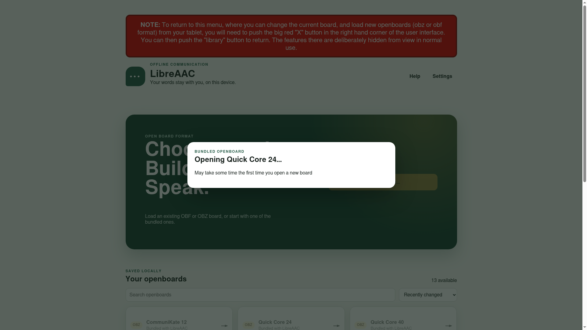 LibreAAC loading message while Quick Core 24 is opened for the first time