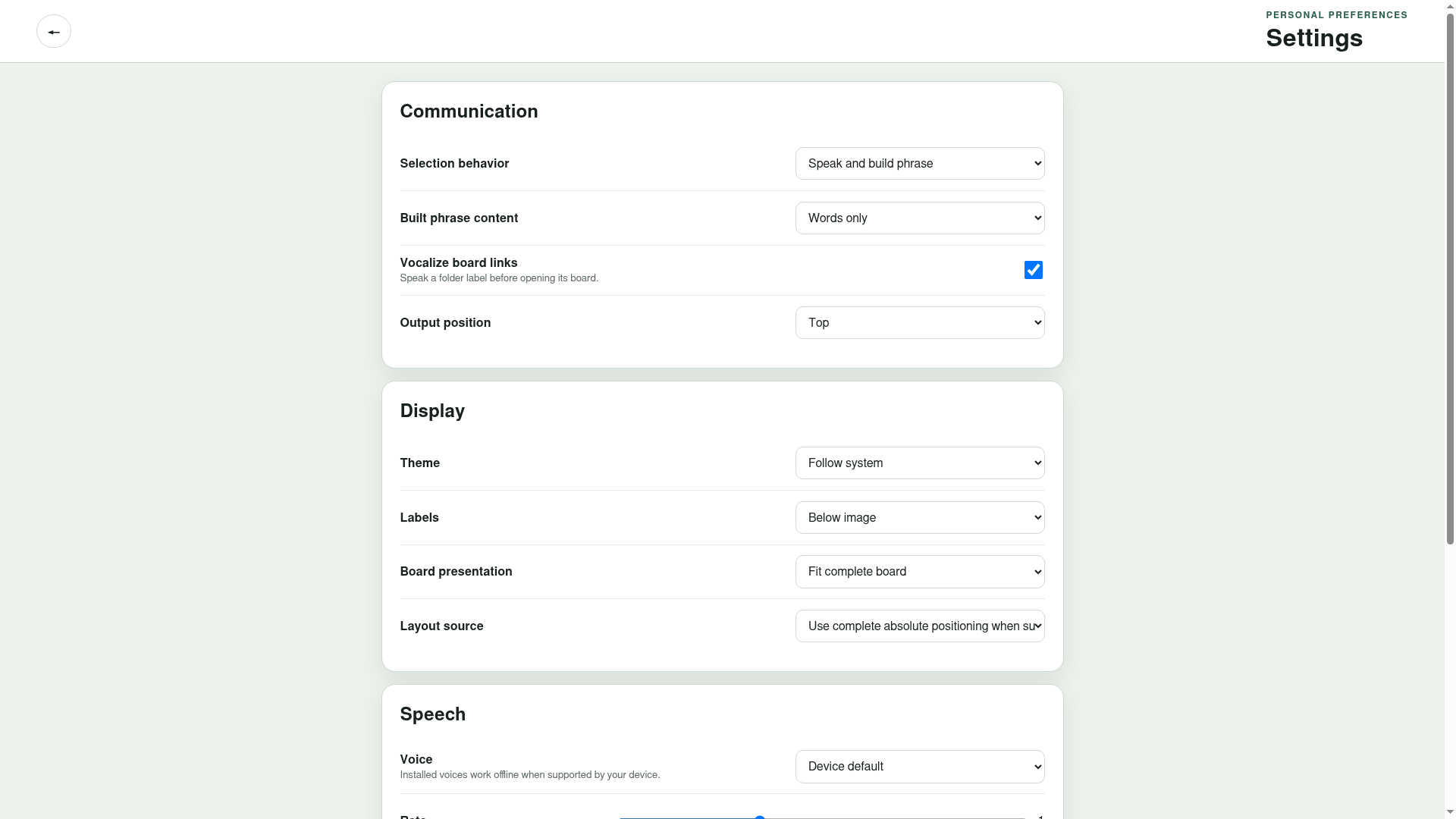 LibreAAC settings showing communication, display and speech preferences
