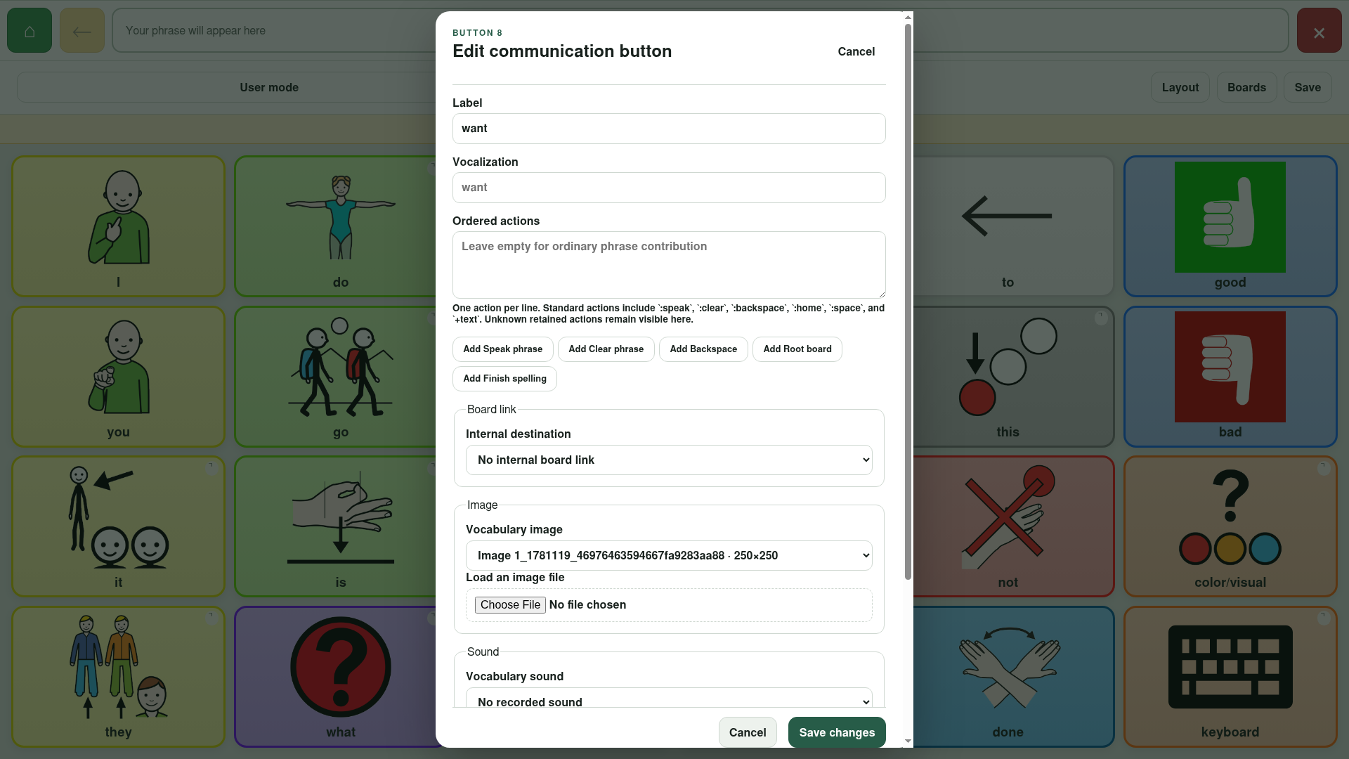 LibreAAC communication button editor showing label, spoken text, actions, board link and image controls